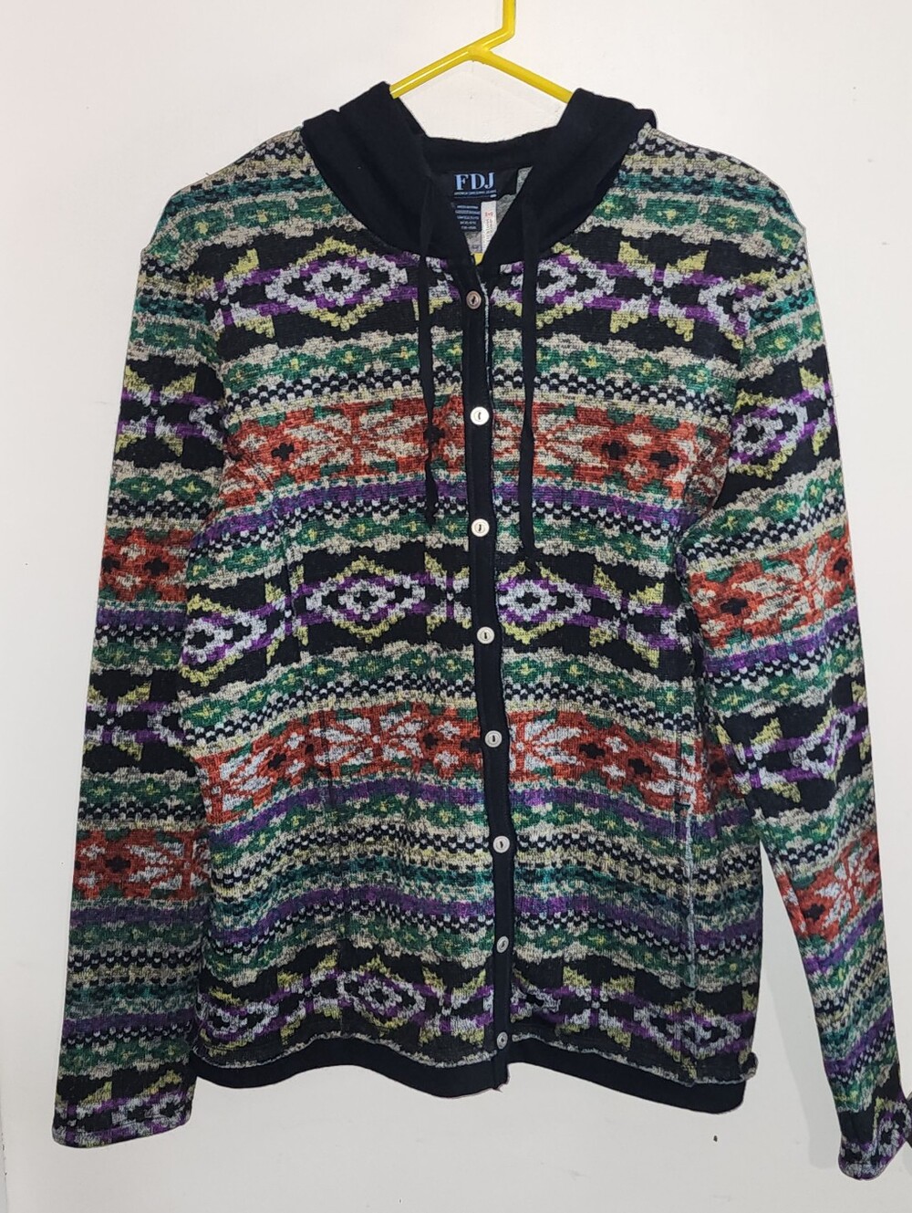 Bohemian Cozy Multicolor Patterned Button-Front Hoodie Cardigan - Green/Black